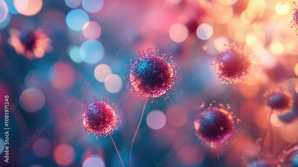 Poster abstract representation of vibrant microscopic particles in a dreamlike atmosphere with colorful bok