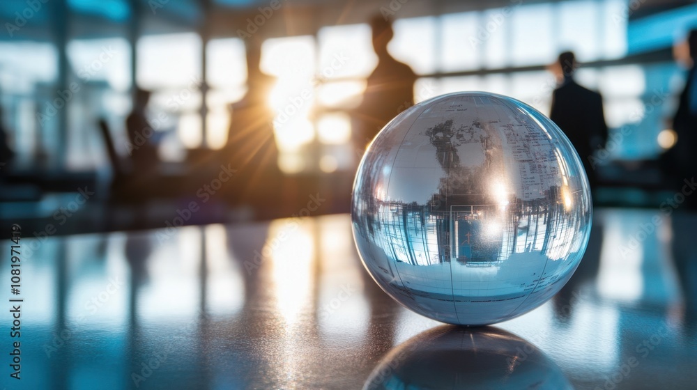 Poster reflective glass globe on table with business figures silhouetted in background during sunset, symbo