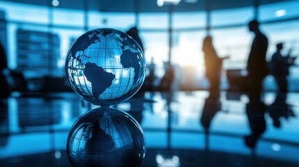 Business professionals interacting in a modern office with a reflective globe symbolizing global connectivity and commerce in a soft blue light environment