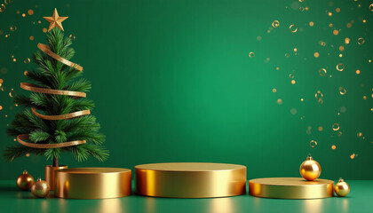Elegant Christmas Tree Podium Display with Golden Ornaments on a Green Background. A Modern Christmas Design for Product Presentation.