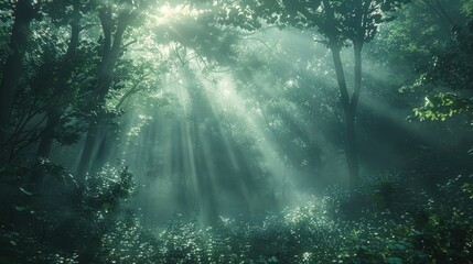 Fototapeta premium Sunlight streaming through dense fog in a forest