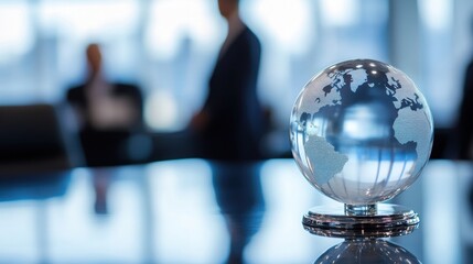 Elegant glass globe on an office table symbolizing global business connections and international collaboration in a modern corporate environment.