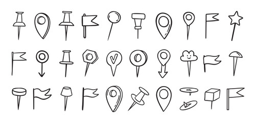 Pins hand drawn doodle set. Pin line drawing style for planner or map. Pins variable icons