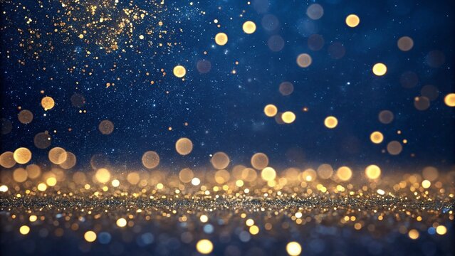 Elegant abstract background with dark blue and gold particles, Christmas golden light bokeh on navy blue, 