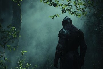 Fototapeta premium Hooded Knight in Armor in Foggy Forest.