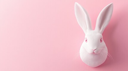 Obraz premium White rabbit head on a pink background, conveying a whimsical and playful concept, ideal for Easter or spring themes, featuring a smooth texture and striking contrast