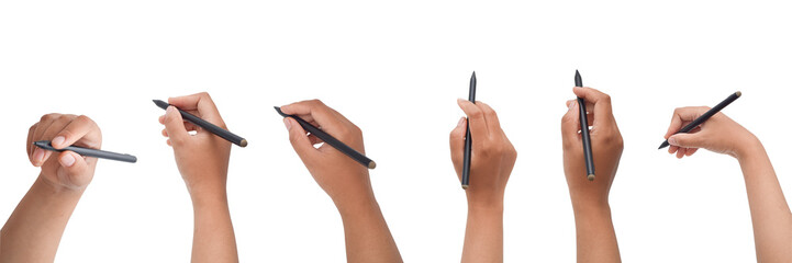 Hands holding stylus in various angles. digital graphic pen and drawing, isolated on transparent...