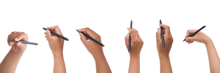 Hands holding stylus in various angles. digital graphic pen and drawing, isolated on transparent background