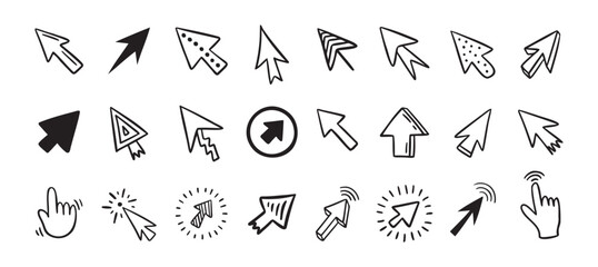 Cursor doodle icon set. Click cursor hand drawn set. Isolated mouse cursor 