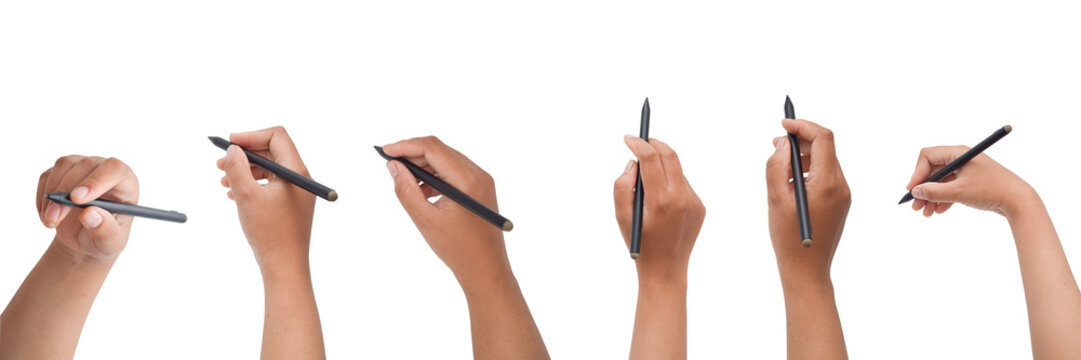Hands holding stylus in various angles. digital graphic pen and drawing, isolated on transparent background