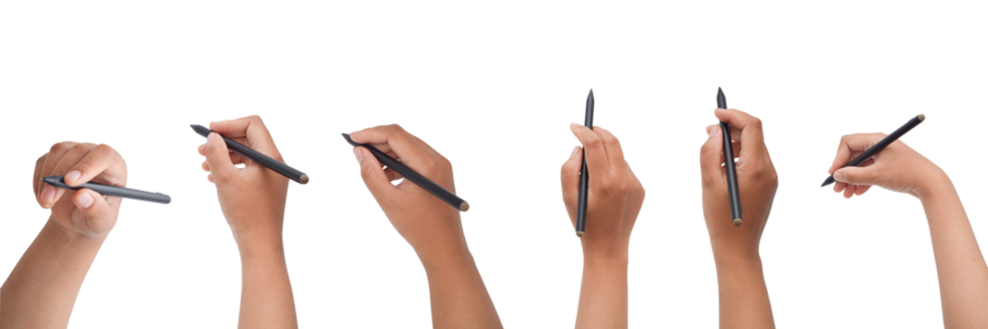 Hands holding stylus in various angles. digital graphic pen and drawing, isolated on transparent background - Powered by Adobe