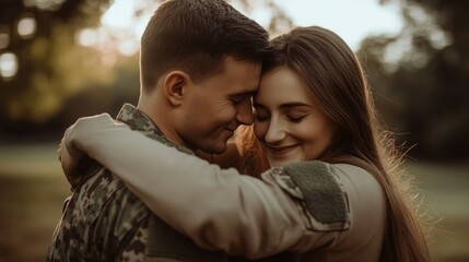 Fototapeta premium A Couple Embracing in a Field with Sunlit Bokeh