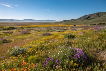 Vibrant Landscape of a Plain Covered with Wildflowers in Full Bloom, Showcasing Nature's Beauty and Diversity Under a Clear Blue Sky