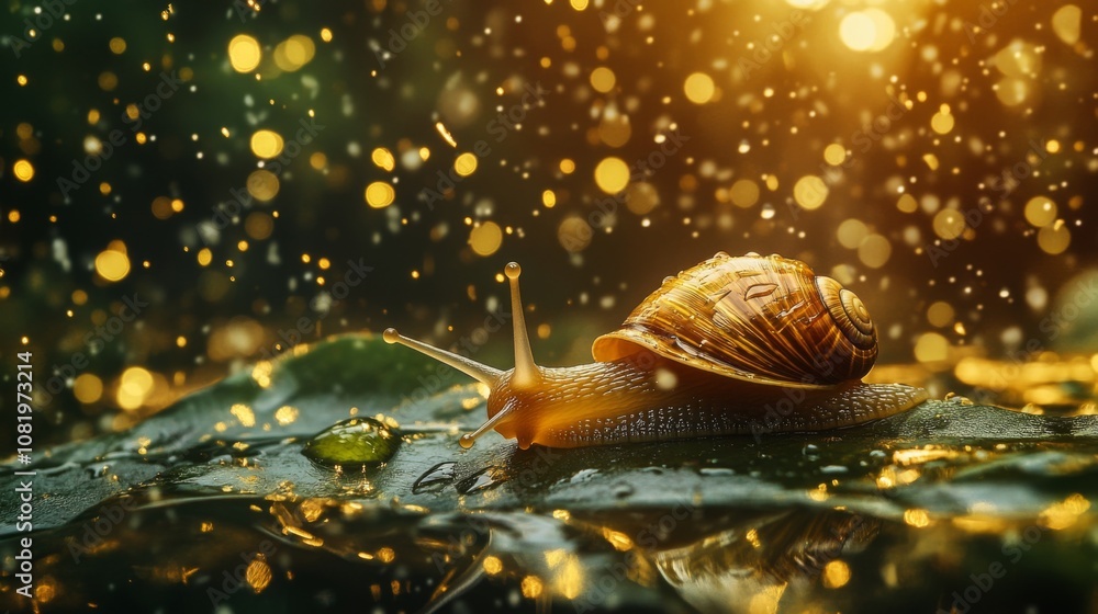 Poster close-up of a snail on a leaf surrounded by glittering bokeh lights and water droplets, capturing th