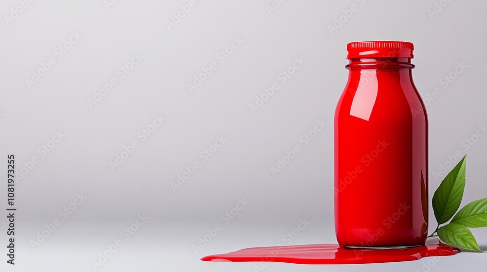 Poster red jar of paint with a leaf on top. the jar is almost empty and the paint is dripping from it