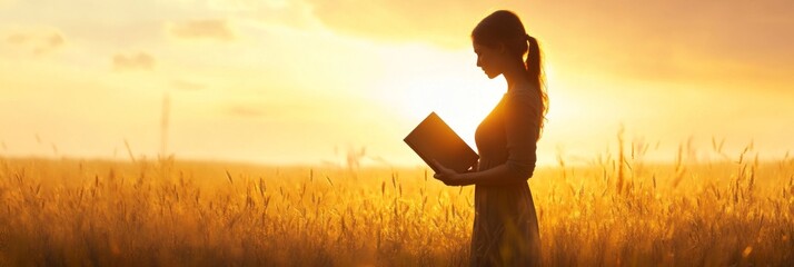 Woman Reading in a Golden Field at Sunset