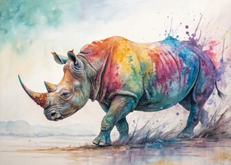 Fototapeta premium Vibrant Long Exposure of a Colorful Rainbow Watercolor Rhino Painting Capturing Artistic Expression and Nature's Beauty in a Stunning Abstract Artwork