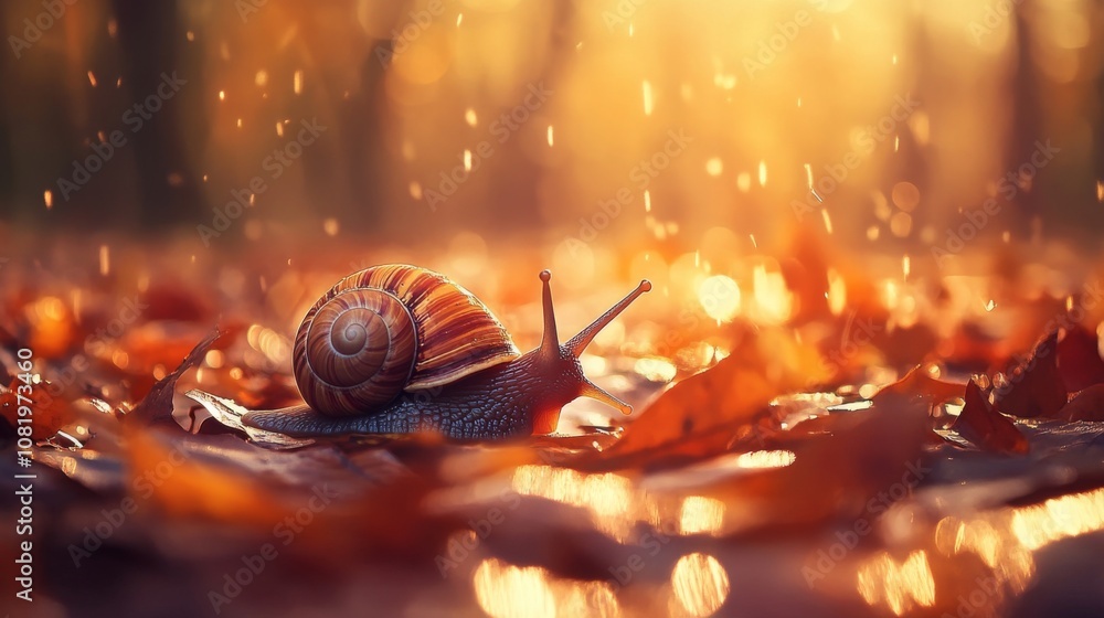 Aufkleber snail on wet autumn leaves under soft morning light with sparkling dew drops and warm color backgrou