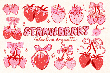 strawberry with bow coquette clipart, cute, y2k, coquette aesthetic, bows clipart, crafts Bows, Coquette, pink ribbon, Pink Coquette Ribbon Clipart Gift bow clipart clipart Decoration valentine