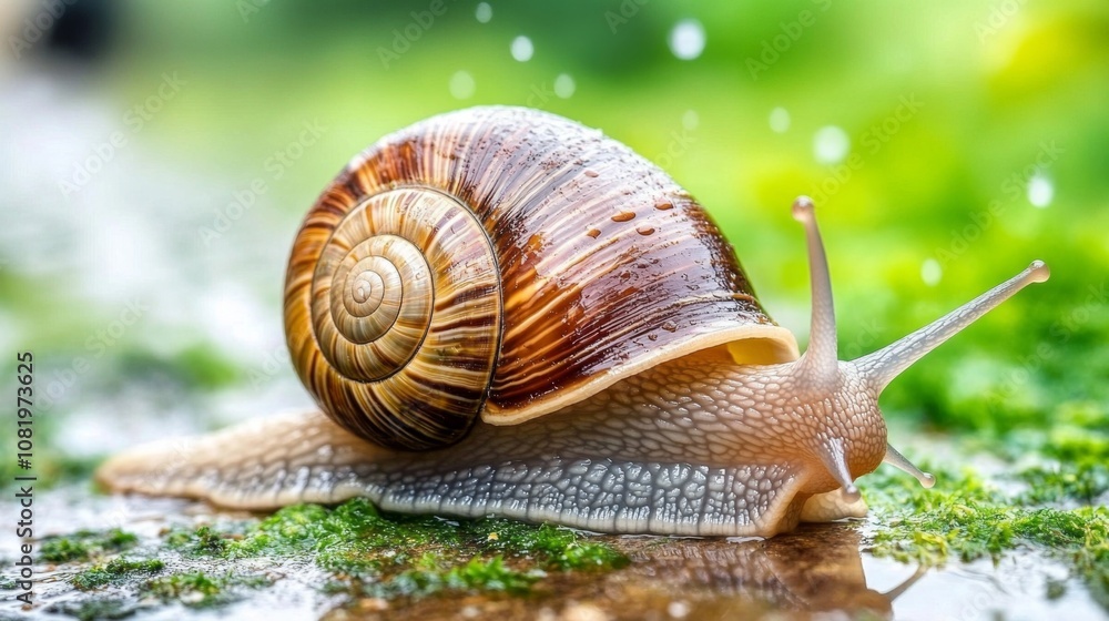 Poster close-up view of a snail crawling over wet mossy surface with dew drops glimmering in natural light,