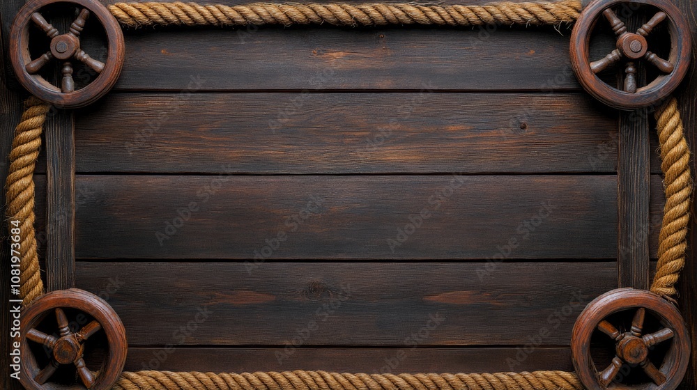Poster wooden frame with four wheels and a rope around it. the frame is empty and the rope is tied around t