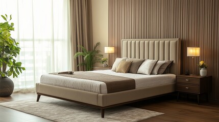 A stylish living room setup with a bed bedside table and lamp