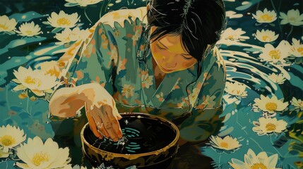 A woman in a kimono dips her hand into a bowl of water surrounded by water lilies.