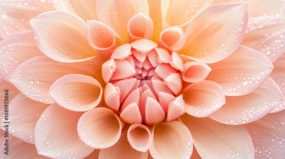 Poster delicate pink dahlia flower with water droplets showcasing intricate petal patterns and soft color g