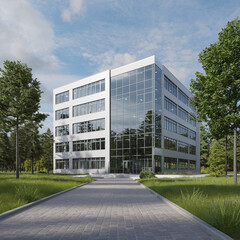 Obraz premium 3D illustration of a white office building surrounded by green trees and grass (1)