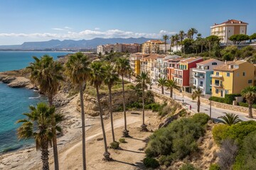 Obraz premium Vibrant Palm Trees with Colorful Houses Under a Bright Blue Sky in Villajoyosa, Spain, Showcasing the Beauty of Costa Blanca's Coastal Landscape