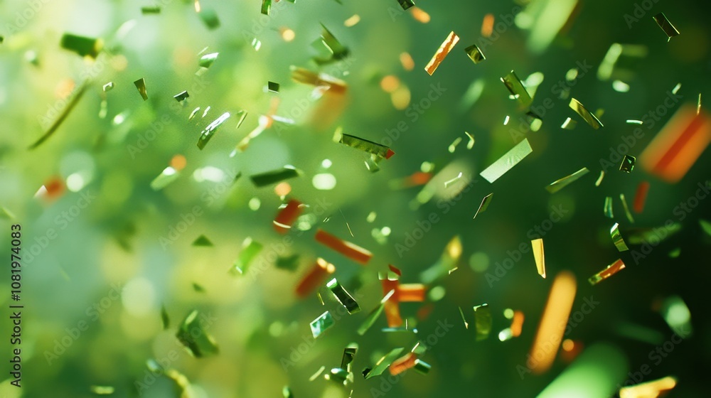 Poster vibrant colorful paper shreds falling against a soft green background, creating a lively and dynamic