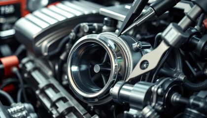 Turbocharger Engine Close-up: High-detail image of a powerful turbocharger engine, showcasing intricate mechanics and precision engineering. Perfect for automotive, industrial.