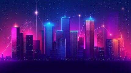 A vibrant city skyline at night features illuminated buildings symbolizing advanced technology and digital connectivity in an urban landscape