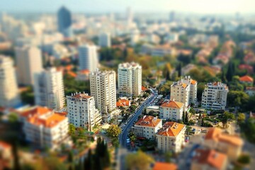 Obraz premium Aerial view of a cityscape with a tilt-shift effect making skyscrapers and streets look miniature, evoking a whimsical and artistic feel. 