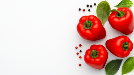 Close up of four red bell peppers with a white background. The peppers are surrounded by a variety of spices, including black pepper, red pepper flakes, and cayenne pepper