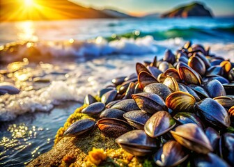 A beautiful colony of mussels clinging to a rocky shoreline, showcasing their vibrant colors and textures, surrounded by clear blue water and soft sunlight illuminating the scene.