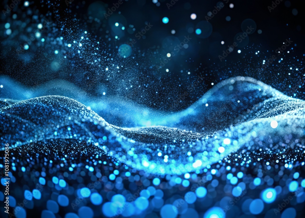 Poster a captivating digital wave of blue and white particles flowing through a dark environment, emitting 