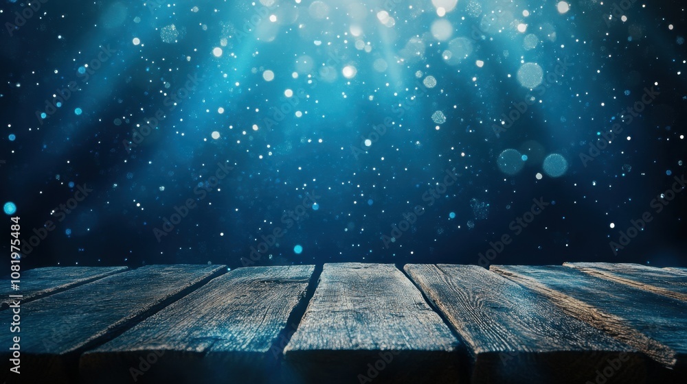 Poster glowing magical background with sparkling lights and wooden surface creating a dreamy atmosphere for