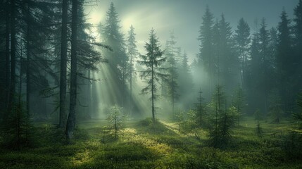 Obraz premium Sunlight streaming through dense fog in a forest