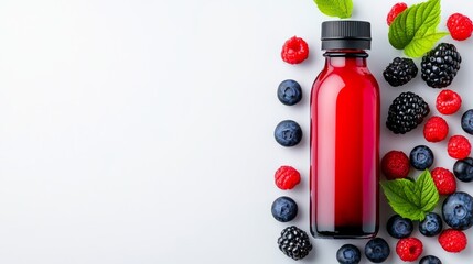 Bottle of red juice is surrounded by blueberries and raspberries. The bottle is placed on a white background