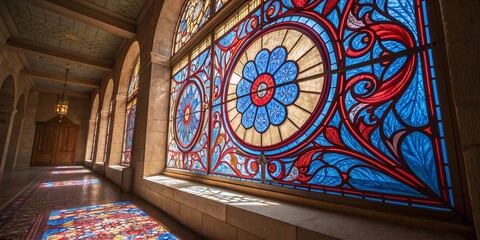 Vibrant Stained Glass Window Featuring Intricate Blue and Red Designs in a Serene Church Setting, Captured with Perfect Rule of Thirds Composition for Stunning Visual Impact