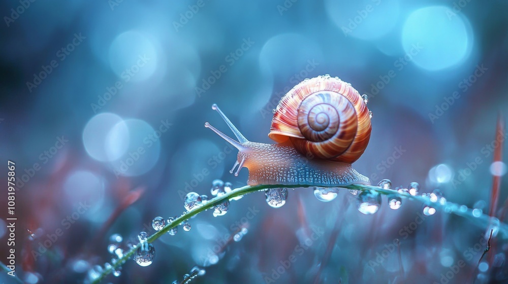 Aufkleber Snail on a Dewy Leaf with a Colorful Shell Surrounded by Soft Bokeh Background, Symbolizing Nature's Beauty and Serenity in Morning Light