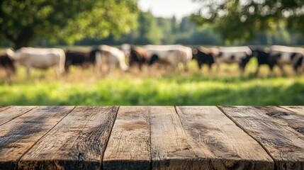 Rustic Wooden Table with Blurred Background of Grazing Cattle in Pasture Under Bright Blue Sky and Green Trees