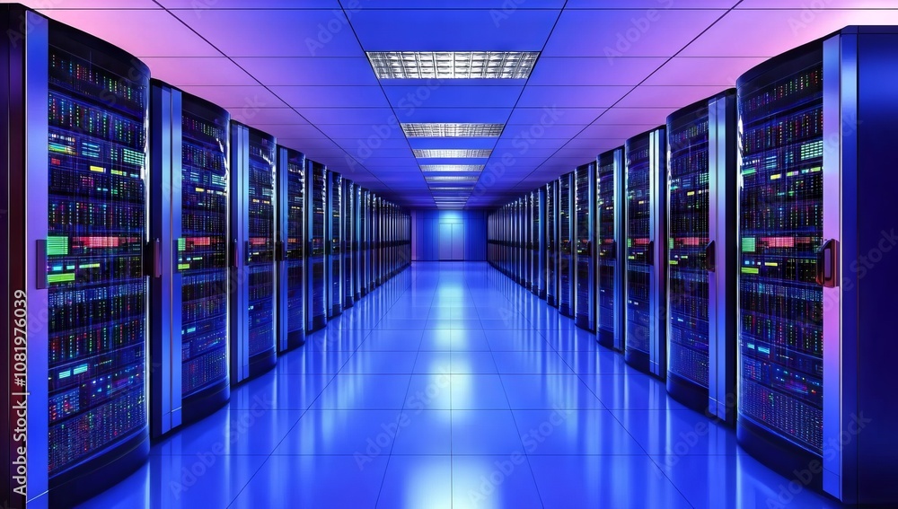 Poster abstract digital background with blurred data center or server room, glowing lines and light effects