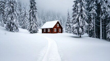 Naklejka premium Cozy Red Cabin in a Winter Wonderland Surrounded by Snow-Covered Trees and a Tranquil Path Through a Serene Forest Landscape