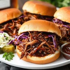 A plate of tender BBQ pulled pork sandwiches with a side of coleslaw and pickles, served on a simple white plate, Sandwiches slightly off-center with pulled pork visible