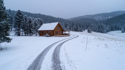 Naklejka premium Snowy Landscape with Cozy Wooden Cabin Surrounded by Pine Trees, Majestic Mountains and Gentle Falling Snow Under Overcast Sky in Winter Wonderland
