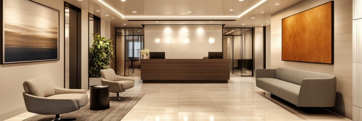 Fototapeta premium Modern Office Lobby Interior Design: Minimalist Reception Area