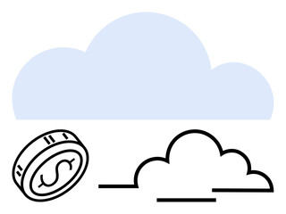 Coin with dollar sign beside two clouds, one blue and one outlined. Ideal for finance, economy, cloud services, investment, savings, technology wealth management. Line metaphor