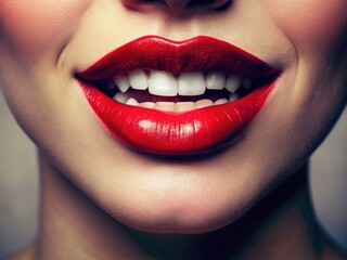 Obraz premium Close-Up of Beautiful Expressive Smiling Lips in Vintage Style, Realistic Candid Photography Isolated on White Background for Beauty and Cosmetic Themes
